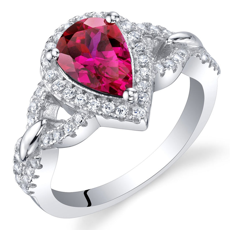 Created Ruby Sterling Silver Halo Crest Ring 1.75 Carats Sizes 5 to 9