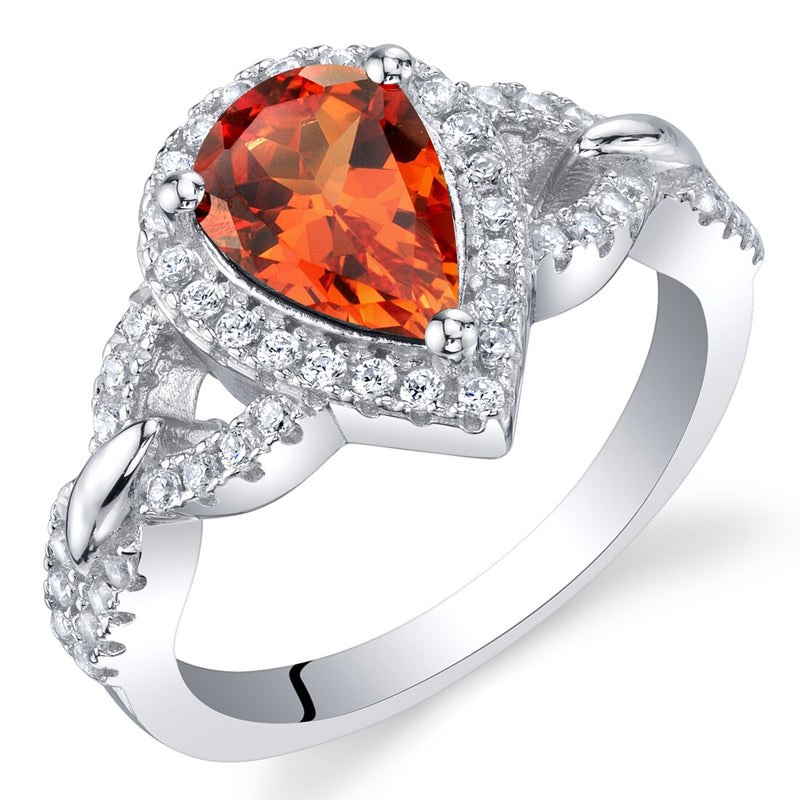 Pear Shape Padparadscha Sapphire Halo Crest Ring Sterling Silver 1.75 Carats