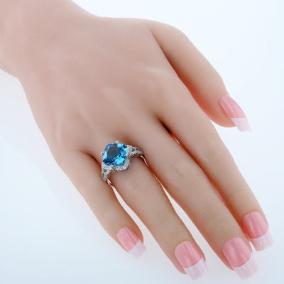 Cushion Cut Swiss Blue Topaz Halo Ring Sterling Silver 6 Carats