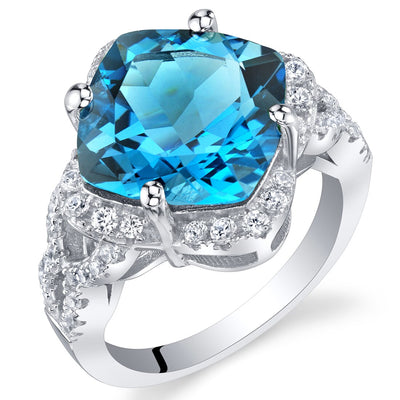 Cushion Cut Swiss Blue Topaz Halo Ring Sterling Silver 6 Carats