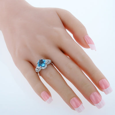 Cushion Cut Swiss Blue Topaz Tier Halo Ring Sterling Silver 3.50 Carats