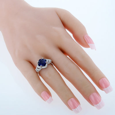 Cushion Cut Blue Sapphire Tier Halo Ring Sterling Silver 4.50 Carats