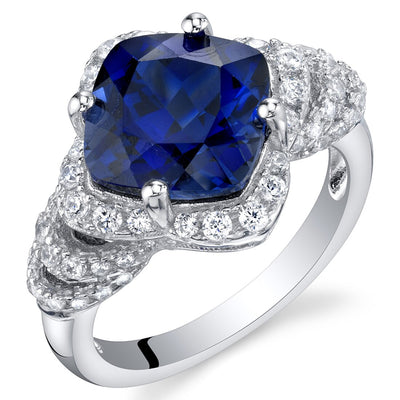 Cushion Cut Blue Sapphire Tier Halo Ring Sterling Silver 4.50 Carats
