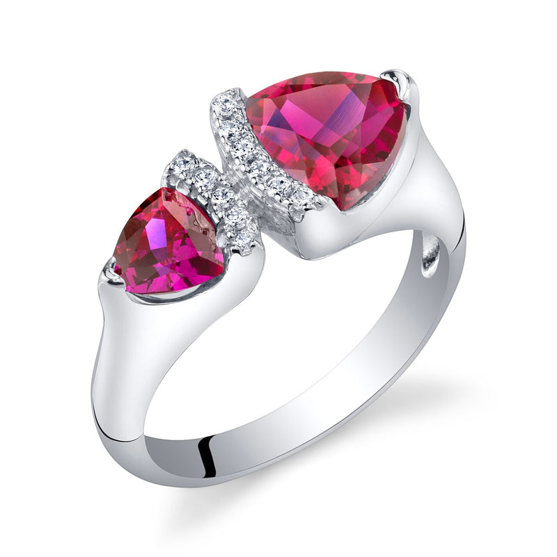 Created Ruby Sterling Silver Trillion Cut Two-Stone Ring 1.50 Carats Sizes 5 to 9