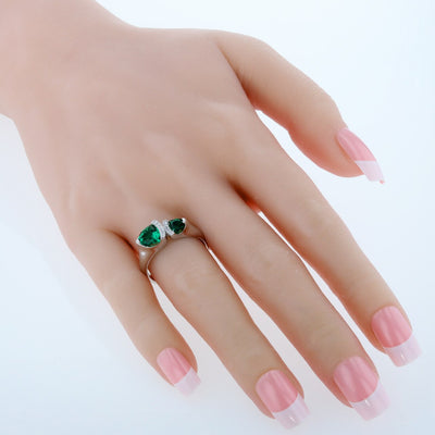 Simulated Emerald Sterling Silver Trillion Cut Two-Stone Ring 1 Carat Sizes 5 to 9