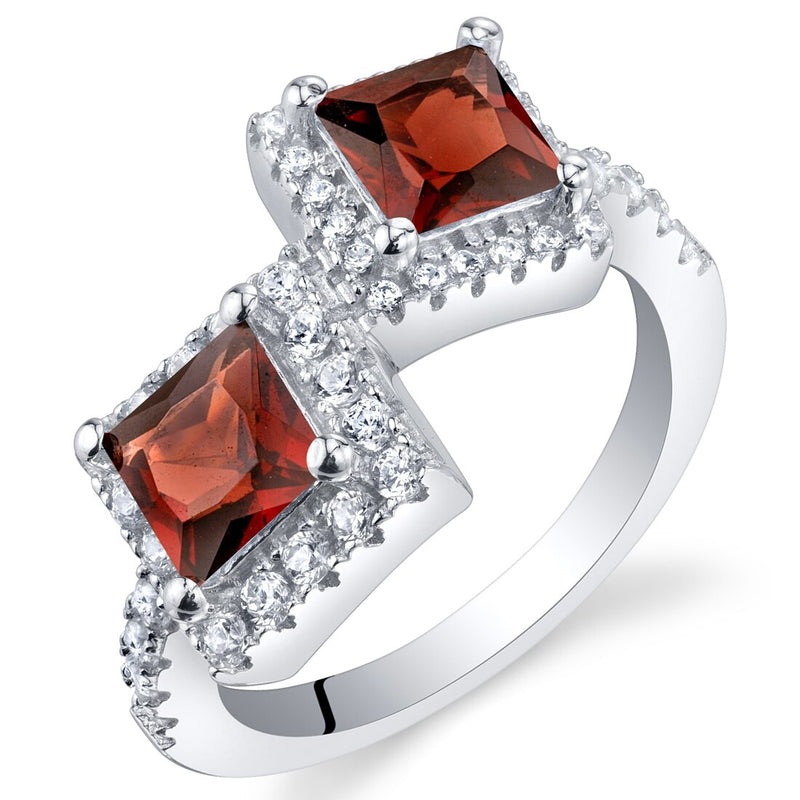 Garnet Sterling Silver Princess Cut Two-Stone Ring 1.50 Carats Sizes 5 to 9