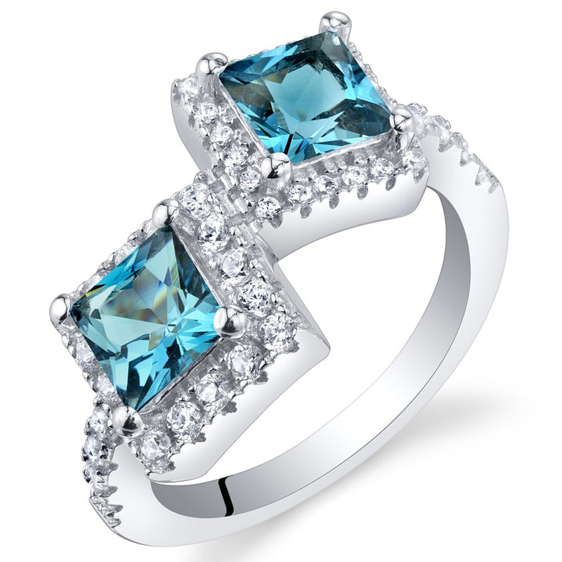 London Blue Topaz Sterling Silver Princess Cut Two-Stone Ring 1.50 Carats Sizes 5 to 9