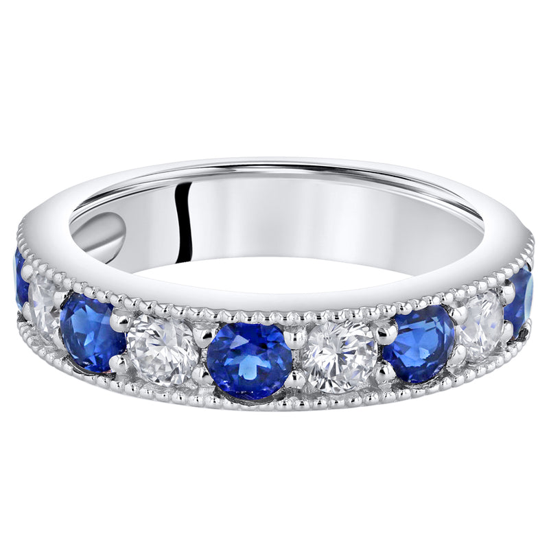 Blue Sapphire Milgrain Half Eternity Ring Band Sterling Silver