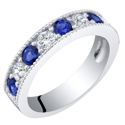 Blue Sapphire Milgrain Half Eternity Ring Band Sterling Silver
