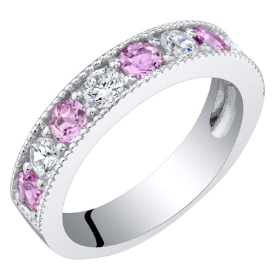 Pink Sapphire Milgrain Half Eternity Ring Band Sterling Silver
