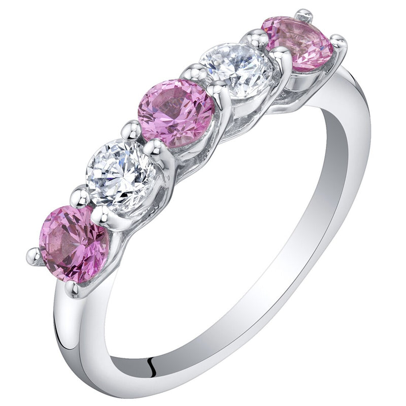 Sterling Silver Created Pink Sapphire Five-Stone Trellis Ring Band Sizes 5 to 9