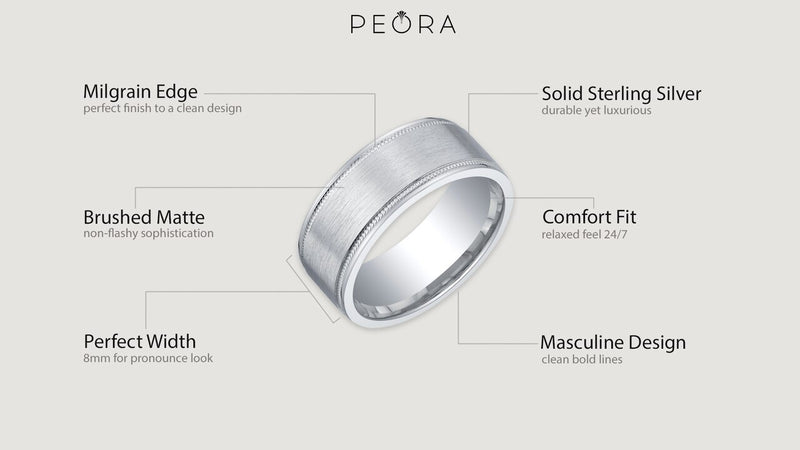 Mens Classic Sterling Silver Wedding Ring Band In Milgrain Brushed Matte 8Mm Comfort Fit Sizes 8 To 14 Sr11888 infographic with additional information