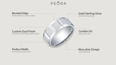 Mens Sterling Silver Delta Wedding Ring Band In Brushed Satin 8Mm Comfort Fit Sizes 8 To 14 Sr11890 infographic with additional information