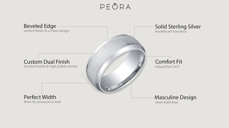 Mens Sterling Silver Beveled Edge Wedding Ring Band In Brushed Matte 8Mm Comfort Fit Sizes 8 To 14 Sr11892 infographic with additional information