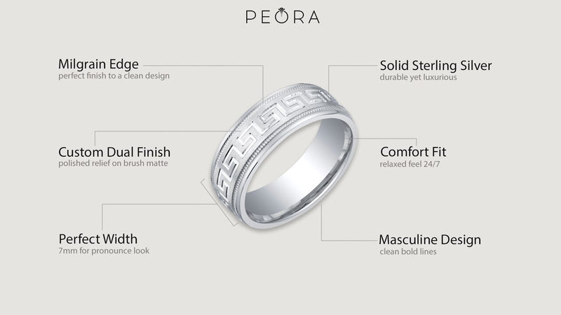 Mens Sterling Silver Greek Key Wedding Ring Band In Brushed Matte Milgrain 7Mm Comfort Fit Sizes 8 To 14 Sr11894 infographic with additional information