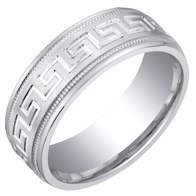 Men's Greek Key Wedding Ring Band 7mm Sterling Silver Brush Matte Comfort Fit