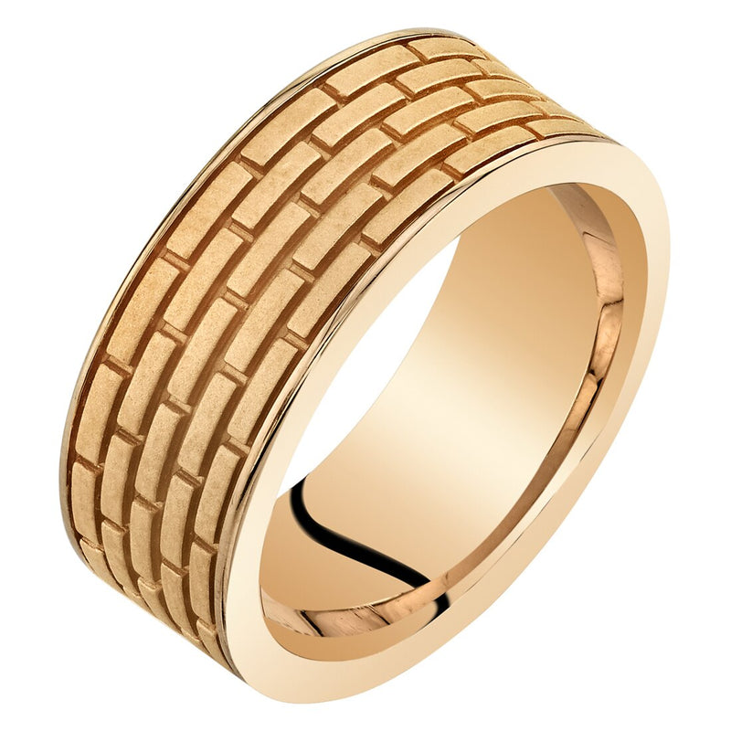 Mens Rose-Tone Sterling Silver Brick Pattern Wedding Ring Band 8mm Comfort Fit Sizes 8 to 14