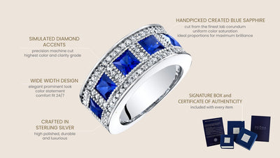 Sterling Silver Princess Cut Created Sapphire Anniversary Ring Band Wide Width 2 Carats Sizes 5 To 9 Sr11918 infographic with additional information