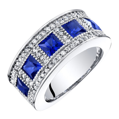 Princess Cut Blue Sapphire Wide Ring Band Sterling Silver 2 Carats Total