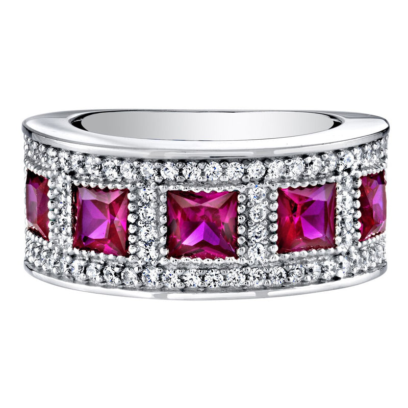 Sterling Silver Princess Cut Created Ruby Anniversary Ring Band Wide Width 2 Carats Sizes 5 To 9 Sr11920 alternate view and angle