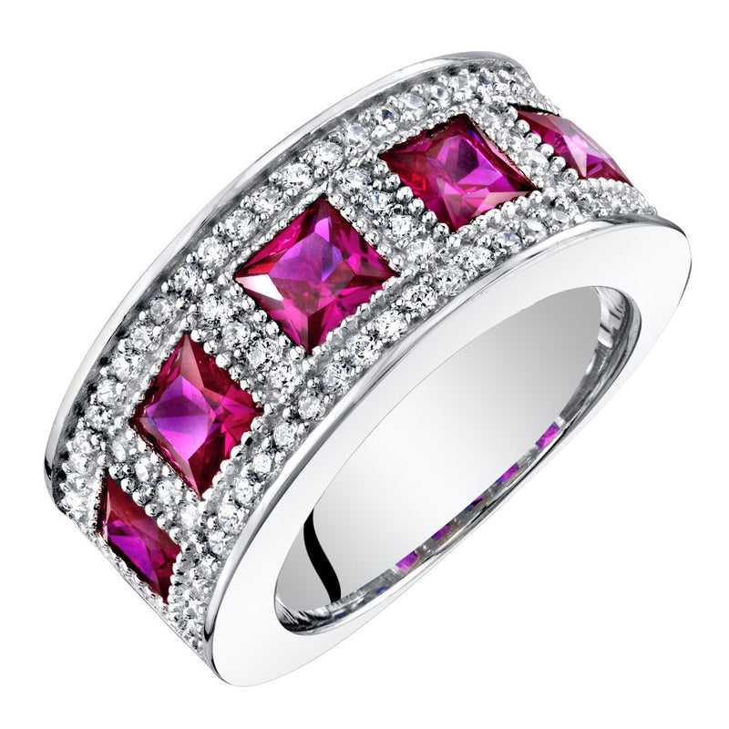 Princess Cut Ruby Wide Ring Band Sterling Silver 2 Carats Total
