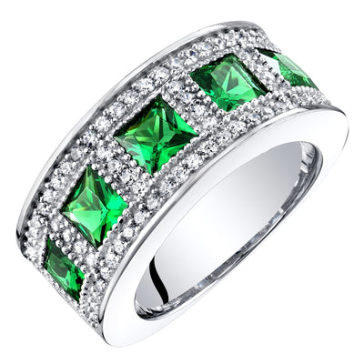 Sterling Silver Princess Cut Simulated Emerald Anniversary Ring Band Wide Width 2 Carats Sizes 5 to 9