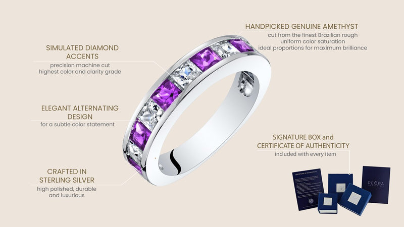 Sterling Silver Princess Cut Amethyst Half Eternity Wedding Ring Band Sizes 5 To 9 Sr11924 infographic with additional information