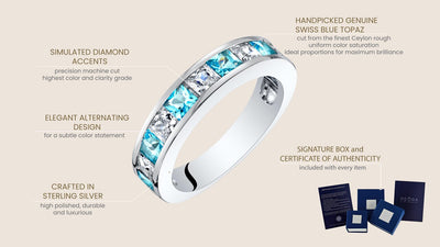 Sterling Silver Princess Cut Swiss Blue Topaz Half Eternity Wedding Ring Band Sizes 5 To 9 Sr11930 infographic with additional information