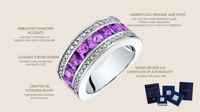 Sterling Silver Princess Cut Amethyst 3 Row Wedding Ring Band 2 Carats Sizes 5 To 9 Sr11938 infographic with additional information