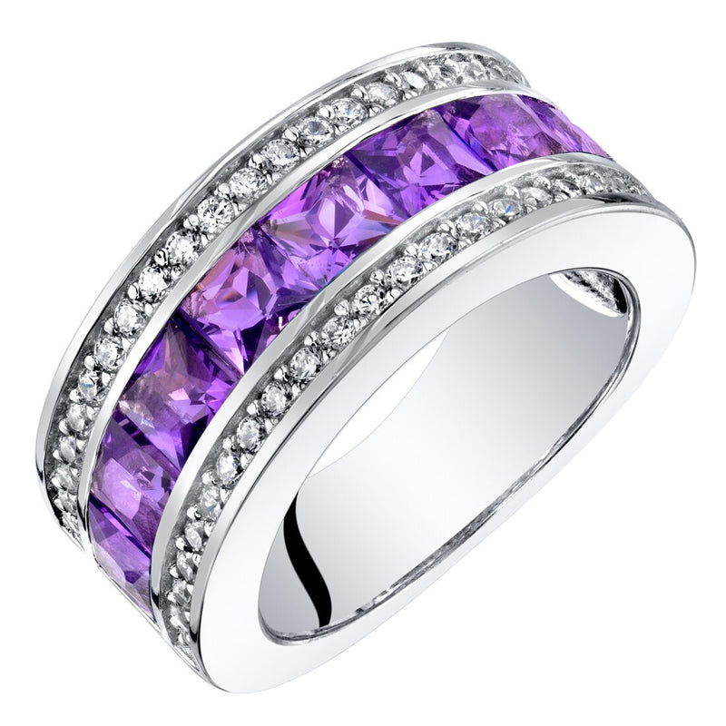 Sterling Silver Princess Cut Amethyst 3-Row Wedding Ring Band 2 Carats Sizes 5 to 9