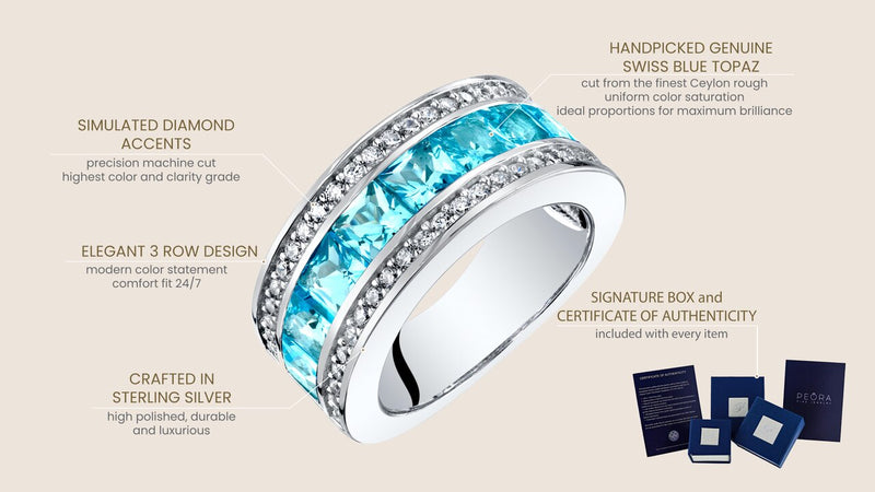 Sterling Silver Princess Cut Swiss Blue Topaz 3 Row Wedding Ring Band 2 25 Carats Sizes 5 To 9 Sr11942 infographic with additional information