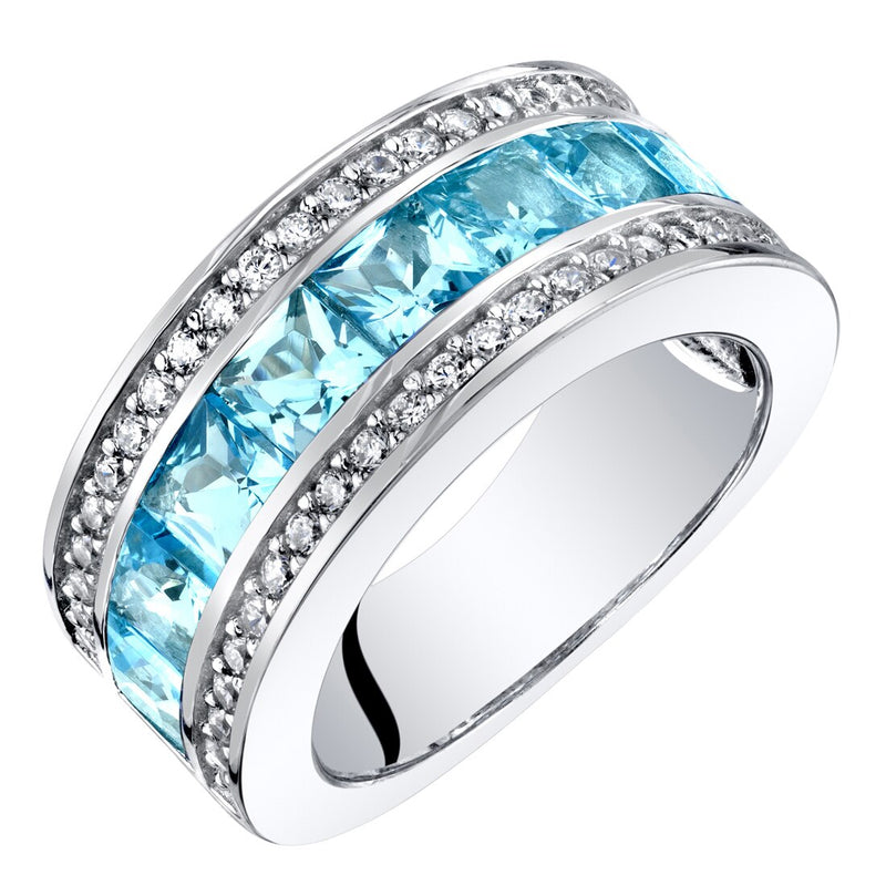 Princess Cut Swiss Blue Topaz 3-Row Wedding Ring Band Sterling Silver 2.25 Carats Total
