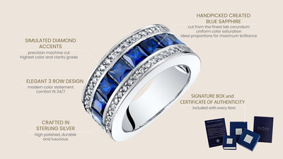 Sterling Silver Princess Cut Created Sapphire 3 Row Wedding Ring Band 2 5 Carats Sizes 5 To 9 Sr11944 infographic with additional information