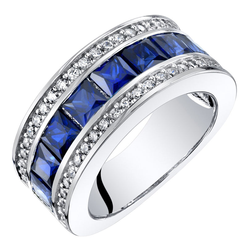 Princess Cut Blue Sapphire 3-Row Wedding Ring Band Sterling Silver 2.50 Carats Total