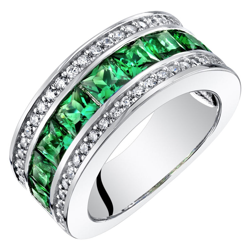Princess Cut Emerald 3-Row Wedding Ring Band Sterling Silver 1.50 Carats Total