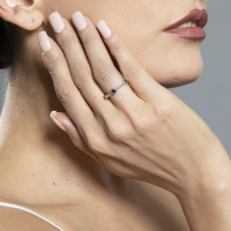 Created Blue Sapphire 3 Stone Cable Rope Design Stackable Ring In Sterling Silver Sizes 5 To 9 Sr12016 on a model