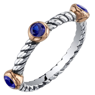 Blue Sapphire 3-Stone Cable Stackable Ring Sterling Silver