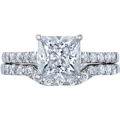 2 Carat Moissanite Princess Cut Engagement Ring and Wedding Band Bridal Set in Sterling Silver SR12048 - flat