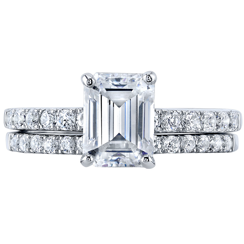 2 Carat Moissanite Emerald Cut Engagement Ring and Wedding Band Bridal Set in Sterling Silver SR12052