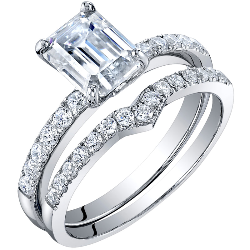 2 Carat Moissanite Emerald Cut Engagement Ring and Wedding Band Bridal Set in Sterling Silver SR12052