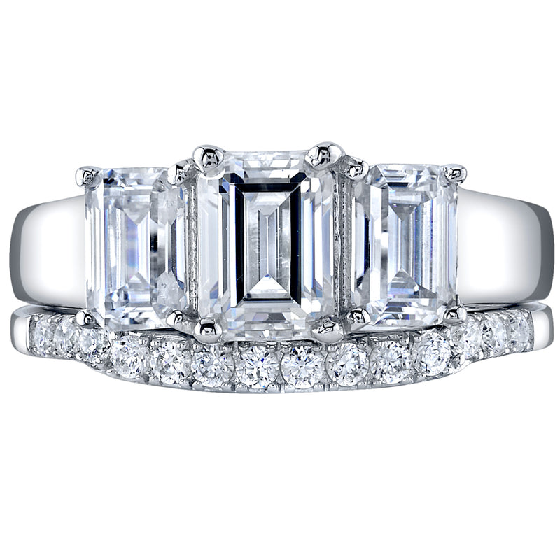 2.50 Carat Moissanite 3-Stone Emerald Cut Engagement Ring and Wedding Band Bridal Set in Sterling Silver SR12056
