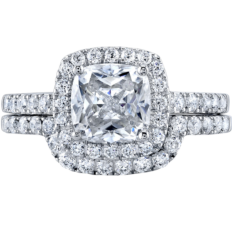 2 Carat Moissanite Cushion Cut Halo Engagement Ring and Wedding Band Bridal Set in Sterling Silver SR12064