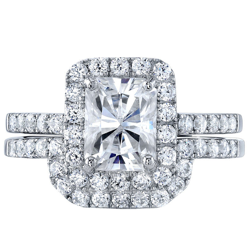 2 Carat Moissanite Radiant Cut Halo Engagement Ring and Wedding Band Bridal Set in Sterling Silver SR12066