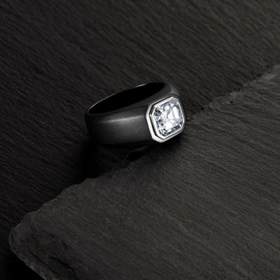Asscher Cut Moissanite Men's Black Signet Ring Sterling Silver 3 Carats