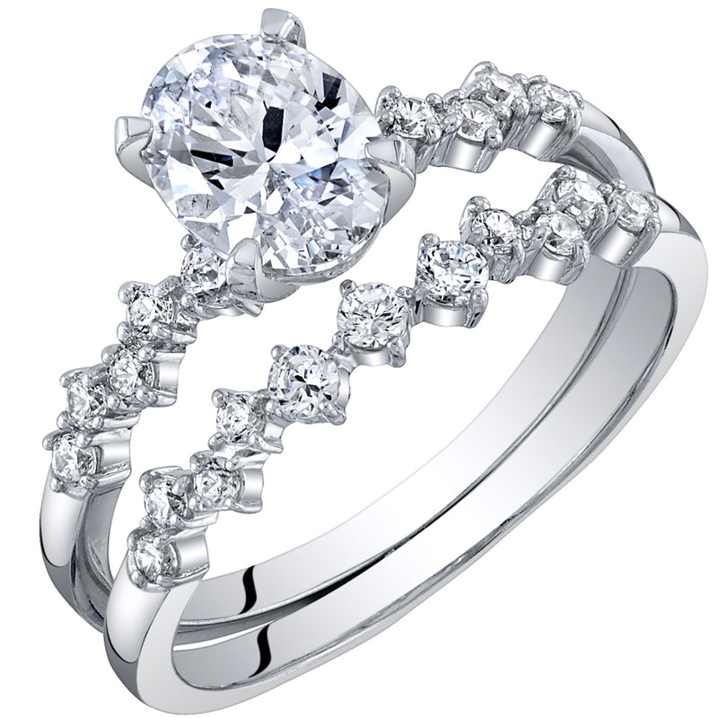 1.50 Carats Oval Moissanite Engagement Ring and Wedding Band Bridal Set Scattered Side Stones in Sterling Silver