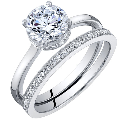 1.50 Carats Moissanite Hidden Halo Engagement Ring and Wedding Band Bridal Set in Sterling Silver