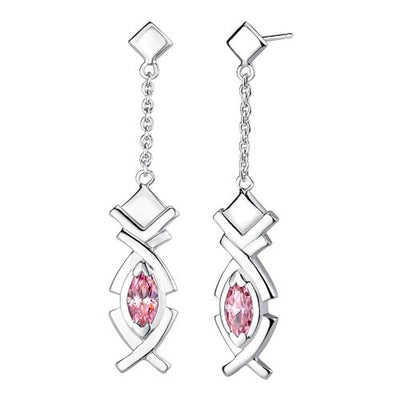 Pink Cubic Zirconia Pendant Earrings Set Sterling Silver Marquise Shape