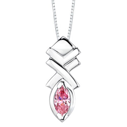 Pink Cubic Zirconia Pendant Earrings Set Sterling Silver Marquise Shape