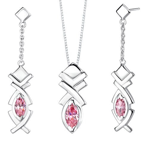 Pink Cubic Zirconia Pendant Earrings Set Sterling Silver Marquise Shape