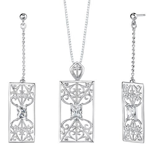 Cubic Zirconia Pendant Earrings Set Sterling Silver Radiant Cut